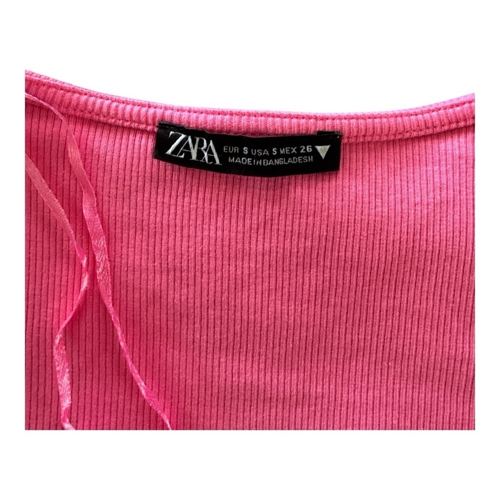 ZARA Pink Puff Balloon Sleeve Ribbed Crop Top Sz S Ruffle Feminine - Picture 7 of 12